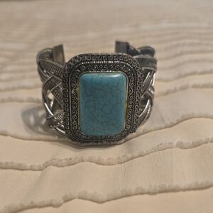 Chunky Southwestern Antiqued Silvertone Faux Turquoise Open Cuff Bracelet